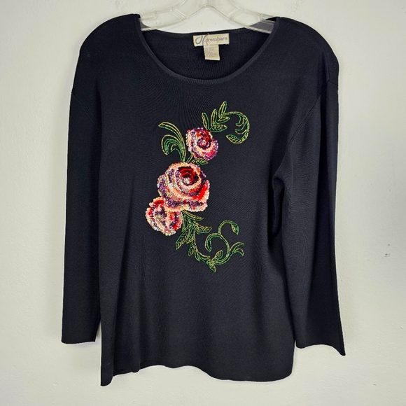 Dress Barn Top Black Knit Beaded Floral Front Sz Large Cottagecore  Boho Sparkle - Picture 1 of 12